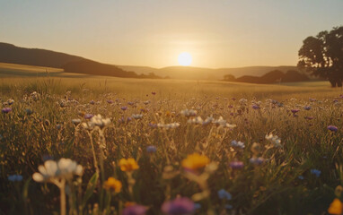 A serene spring sunrise over rolling farmland blanketed with wildflowers, casting warm golden light and creating a tranquil rural landscape