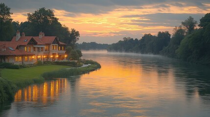 Fototapeta premium Sunset over river with waterfront house.