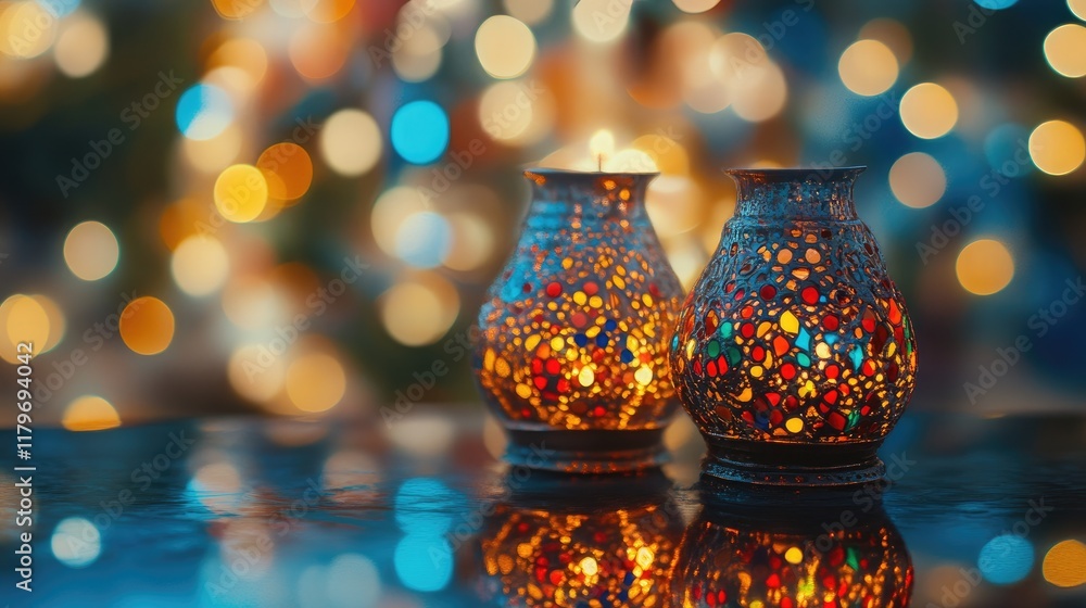 Aufkleber bokeh effect featuring two candle holders illuminated against a vibrant background of twinkling ligh