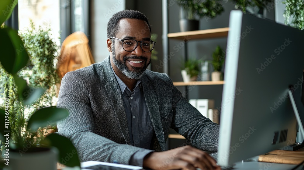 Aufkleber smiling man working on a computer in a modern office with plants and natural light, showcasing produ