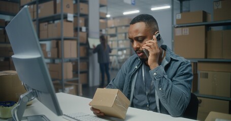 Warehouse of postal service or E-commerce store: African American logistics coordinator talks by...