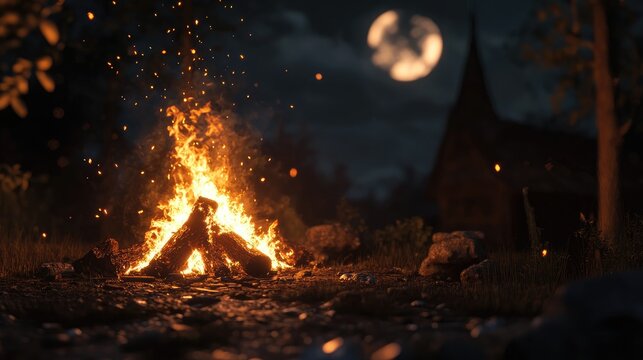 Warm bonfire with glowing flames and sparks under a full moon creating a serene night atmosphere in a natural outdoor setting