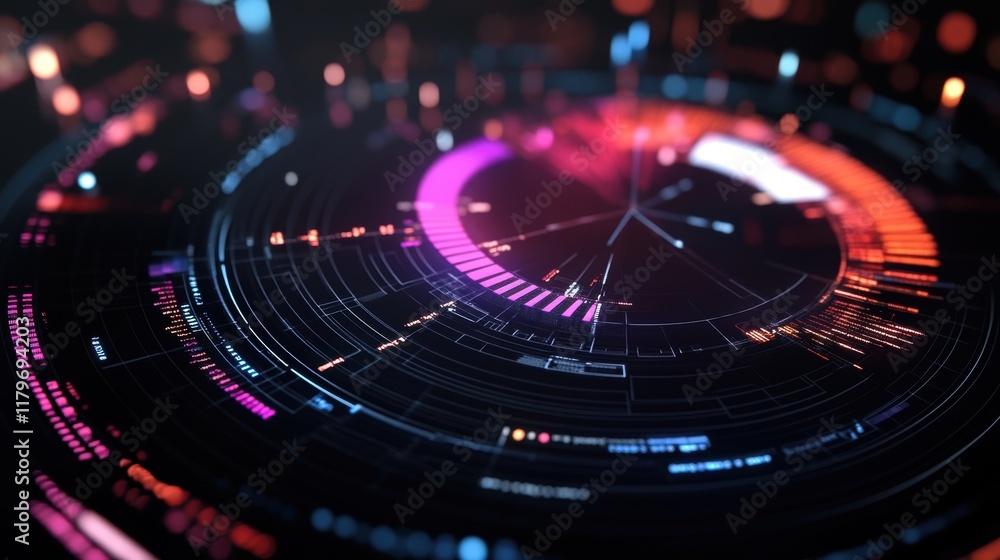 Poster glowing futuristic circular heads up display - hud - element visualizing manufacturing data analysis