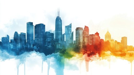 Obraz premium Colorful watercolor cityscape silhouette with urban skyline and vibrant hues blending into a dreamy background.