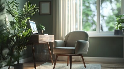 Fototapeta premium Cozy Home Office Corner with Greenery and Modern Furniture in Natural Light