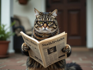 A Curious Cat In Glasses Sits On A Porch Reading Newspapers And Looking Very Much Like A Detective At Work Outside. 00002