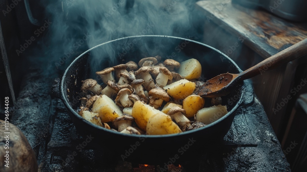 Poster cooking boletus edulis mushrooms with potatoes in a rustic kitchen setting creating a warm and invit