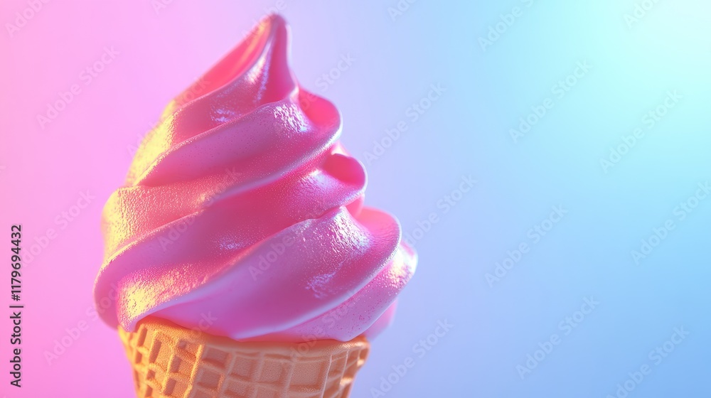 Poster 3d rendering of a soft serve ice cream cone with pink swirls against a soft gradient background perf