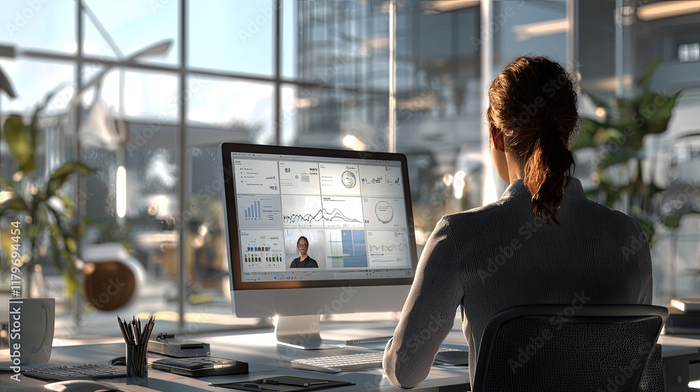 Poster Professional female analyst working on a data visualization project in a modern office environment with large windows