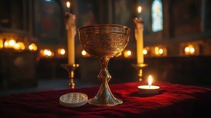 An ornate golden chalice with delicate engravings rests on a red velvet cloth with a communion wafer beside it