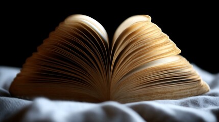 Open book pages softly illuminated on a white surface