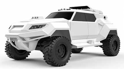 Futuristic off-road armored truck with rugged design and massive tires