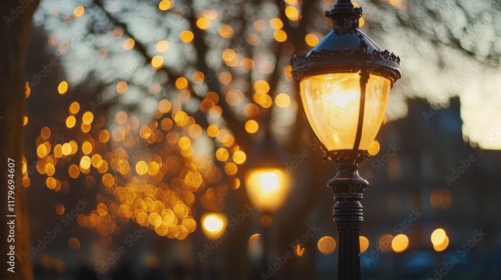 Poster bokeh lights illuminating trees and a vintage street lamp creating a warm atmosphere at dusk in an u