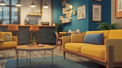 Cozy modern living room with yellow sofa, blue wall, wooden furniture, and stylish decor in a trendy home environment