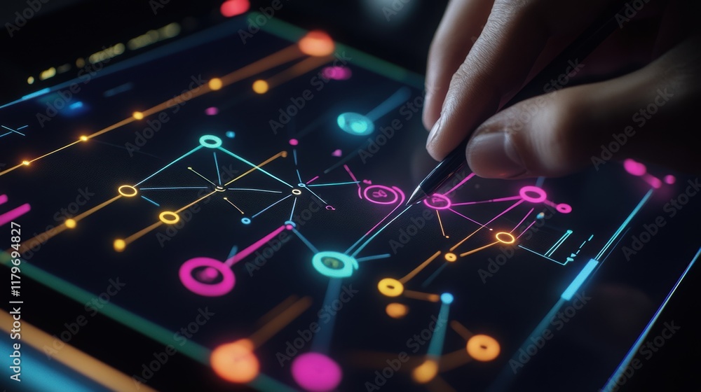 Poster close up of hand using stylus on digital tablet, designing a colorful and complex network representi