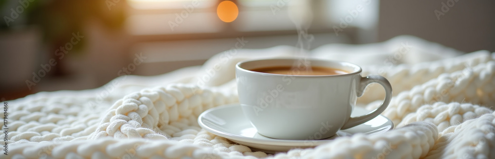 Poster A Cup Of Steaming Coffee Sits On A White Knitted Blanket In A Blurred Background Creating A Cozy Atmosphere At Home With Selective Focus. 00003