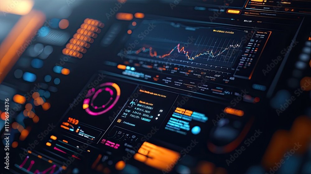 Aufkleber Futuristic Data Dashboard with Colorful Graphs and Metrics Displaying Technology and Financial Trends in a Modern User Interface