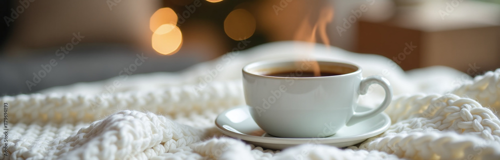 Poster A Cup Of Steaming Coffee Sits On A White Knitted Blanket In A Blurred Background Creating A Cozy Atmosphere At Home With Selective Focus. 00002