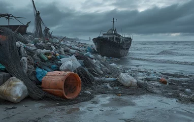 Fototapeten A derelict shipwreck stands among piles of ocean plastic and trash scattered along a stormy beach under dark skies.   © lmot11
