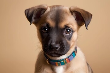 A Close-up of a Playful Puppy With Soulful Eyes, Wearing a Colorful Collar Against a Warm Brown Background
