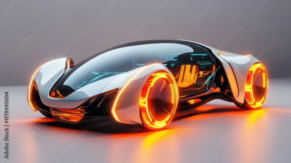 Poster sleek futuristic vehicle with glowing wheels and transparent canopy hinting at high tech engine