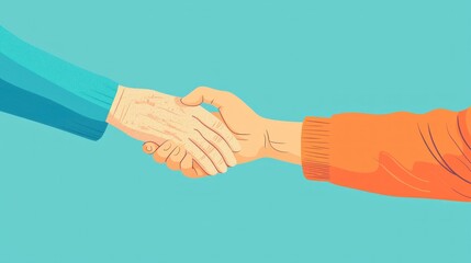 Two Diverse Hands Engaging in a Firm Handshake Against a Vibrant Blue Background Symbolizing Unity, Trust, and Collaboration Between Generations