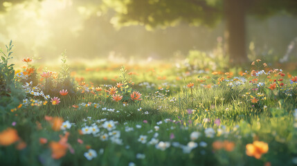 Fototapeta premium A lush meadow of wildflowers illuminated by gentle golden sunlight, creating a serene and vibrant spring scene surrounded by nature's beauty
