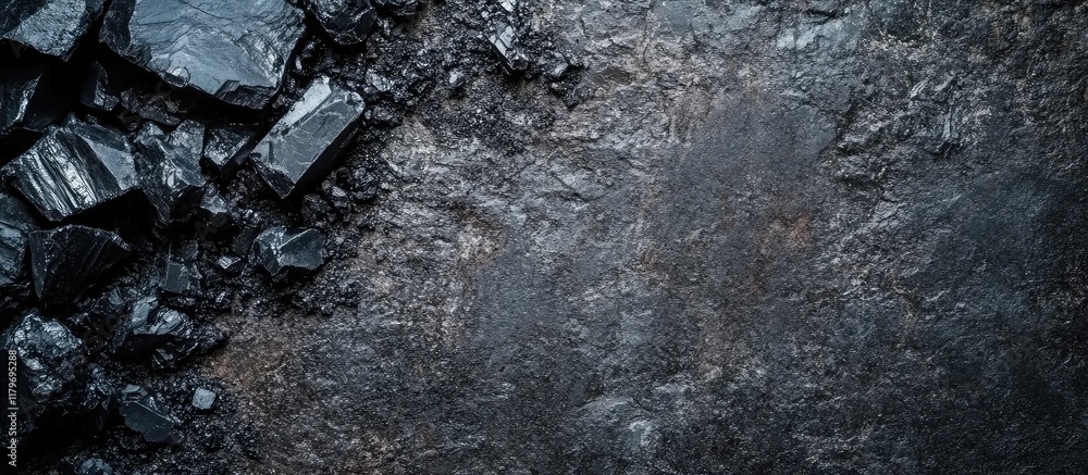 Aufkleber black coal graphite igneous rock mineral texture on dark background with empty copyspace for industr