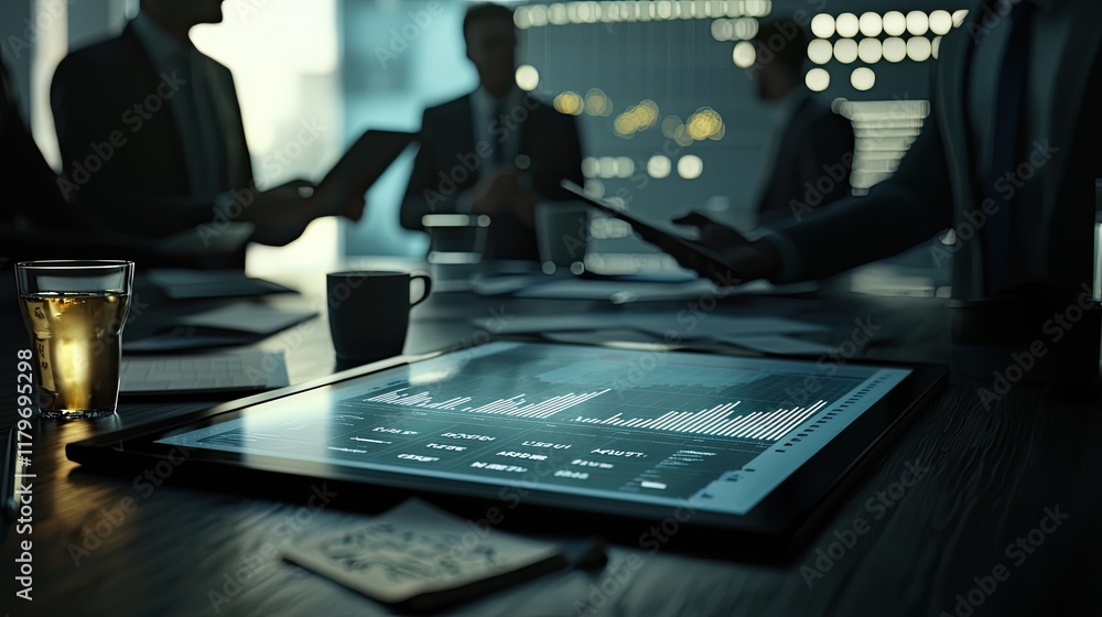 Aufkleber business meeting with digital tablet displaying financial data and professionals engaged in discussi