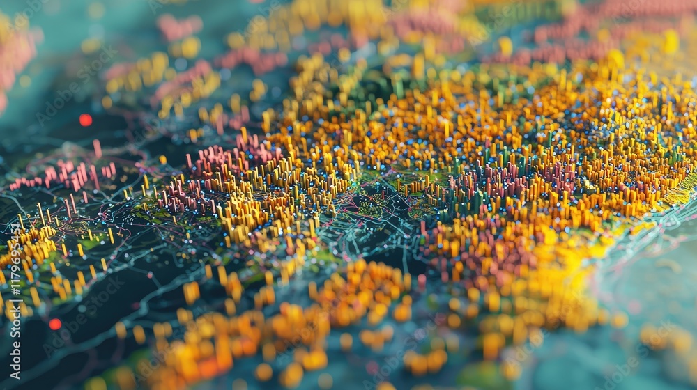 Poster Colorful Data Visualization of Geographic Regions with 3D Bar Graph Representation Highlighting Trends and Insights