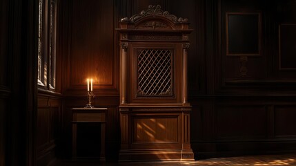 A finely carved wooden confessional softly illuminated by the glow of a single candle