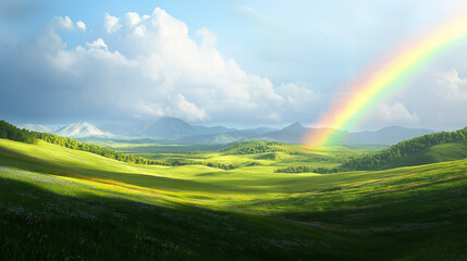 Obraz premium A bright rainbow stretches over rolling green hills and distant mountains under a partly cloudy sky, creating a breathtaking and serene natural scene