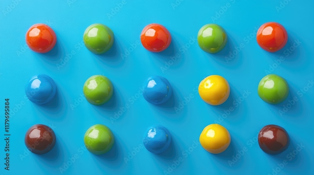 Poster colorful candies arranged in a grid pattern on a vibrant blue background for a cheerful and playful 