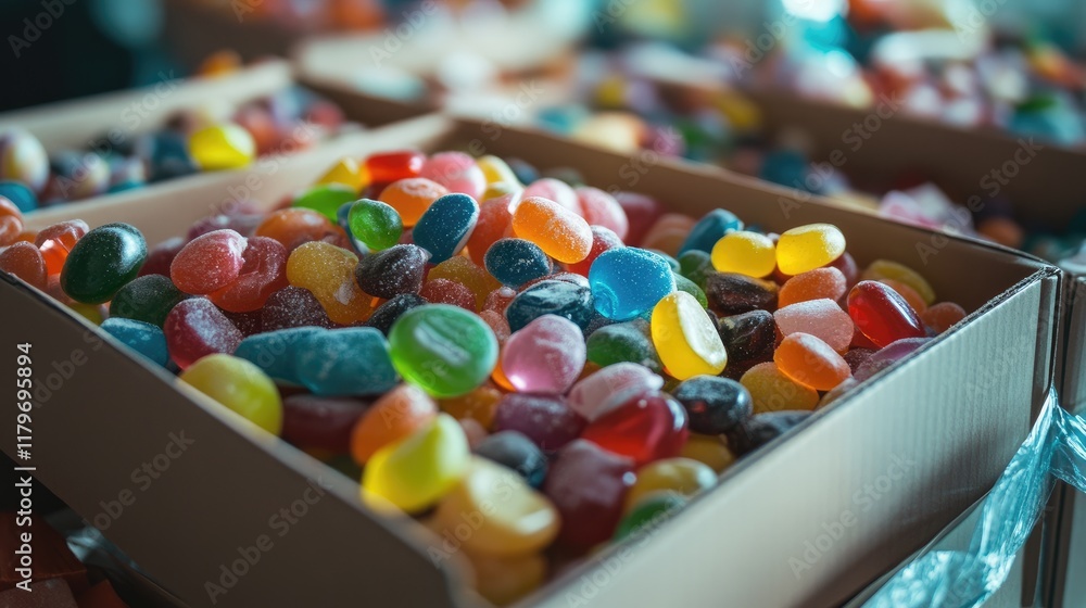 Poster assorted colorful candies in open cardboard boxes displayed at a vibrant candy store enticing custom