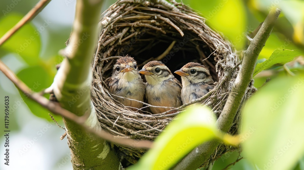 Poster close up view of baby sparrows in a nest on a tree branch surrounded by vibrant green leaves in a na