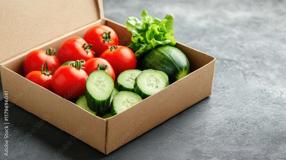 Poster Fresh Summer Vegetables in a Box with Tomatoes Cucumbers and Lettuce on a Gray Background with Copy Space for Text or Promotional Use