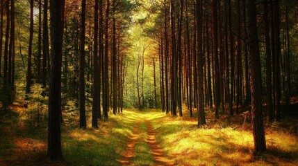 Fototapeta premium Sunlit Path Through a Golden Forest: A Tranquil Woodland Scene