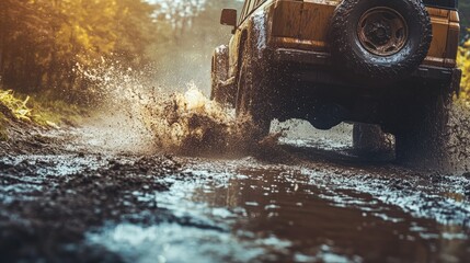 Classic 4x4 vehicle splashing through muddy water on an adventurous off-road trail at sunset captured in dynamic action.