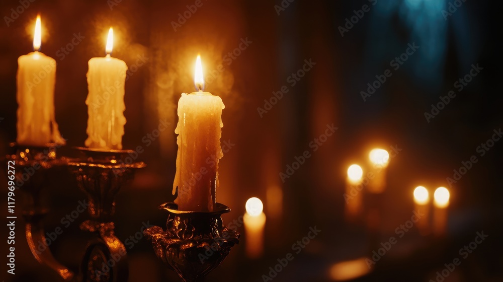 Poster elegant candles illuminating a dark setting with a beautiful candlestick and soft, blurred lights in