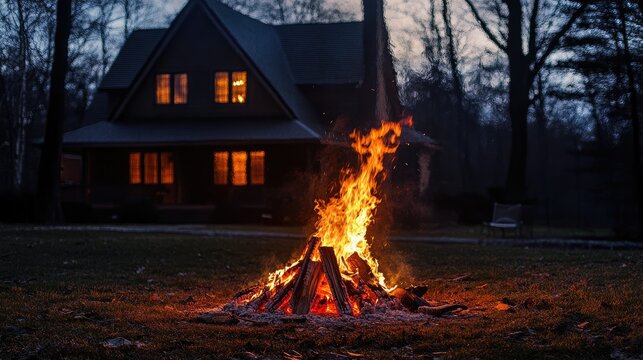 Cozy bonfire illuminating a peaceful evening in front of a charming house surrounded by nature at dusk