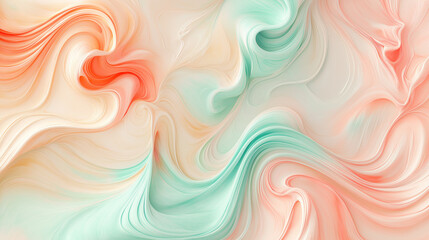 A dynamic abstract composition of flowing pastel shapes in coral and mint green tones, evoking energy and artistic sophistication