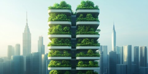 Eco-friendly skyscraper with rooftop gardens in a modern city.