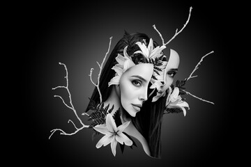 Banner poster collage of gentle glamorous lady with half face lily flower fairy princess on dark...