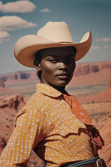 vintage photo of black cowgirl wearing jeans and western shirt with desert mountain vista, americana