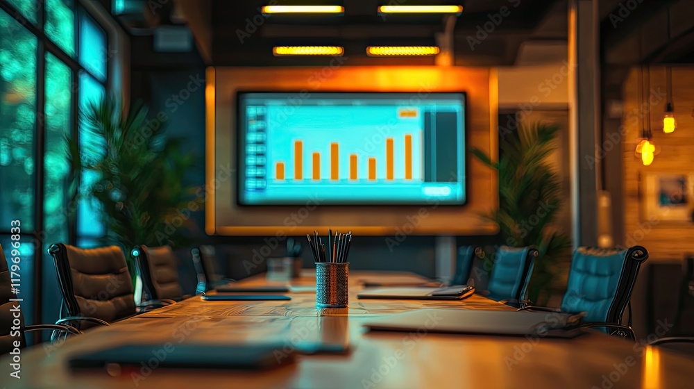 Aufkleber Modern Conference Room with Data Visualization Displayed on Screen and Stylish Wooden Table with Office Supplies