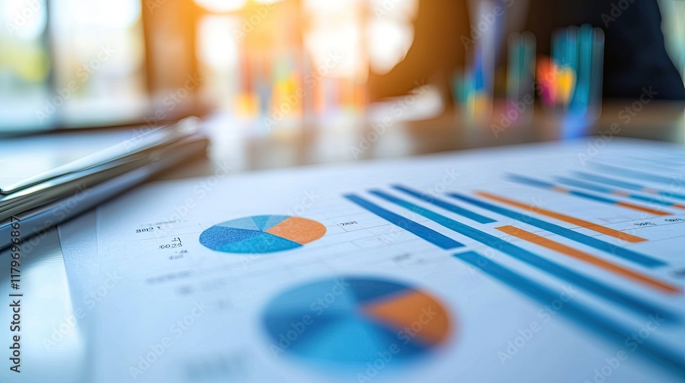Leinwandbilder colorful business graphs and charts on table with blurred background of team discussing financial st