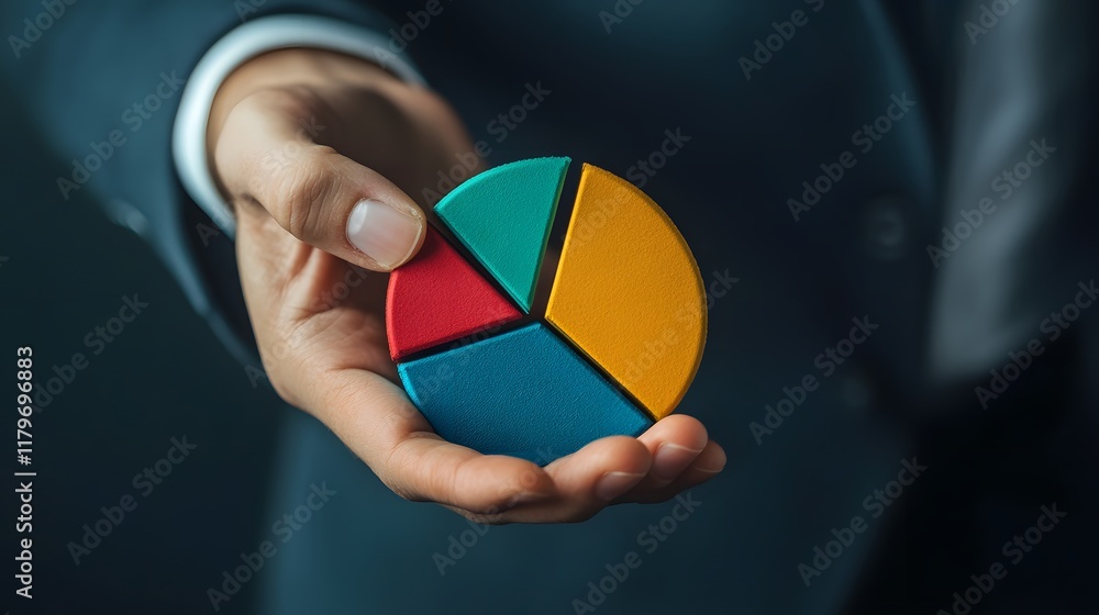 Poster hand holding a colorful pie chart representing data