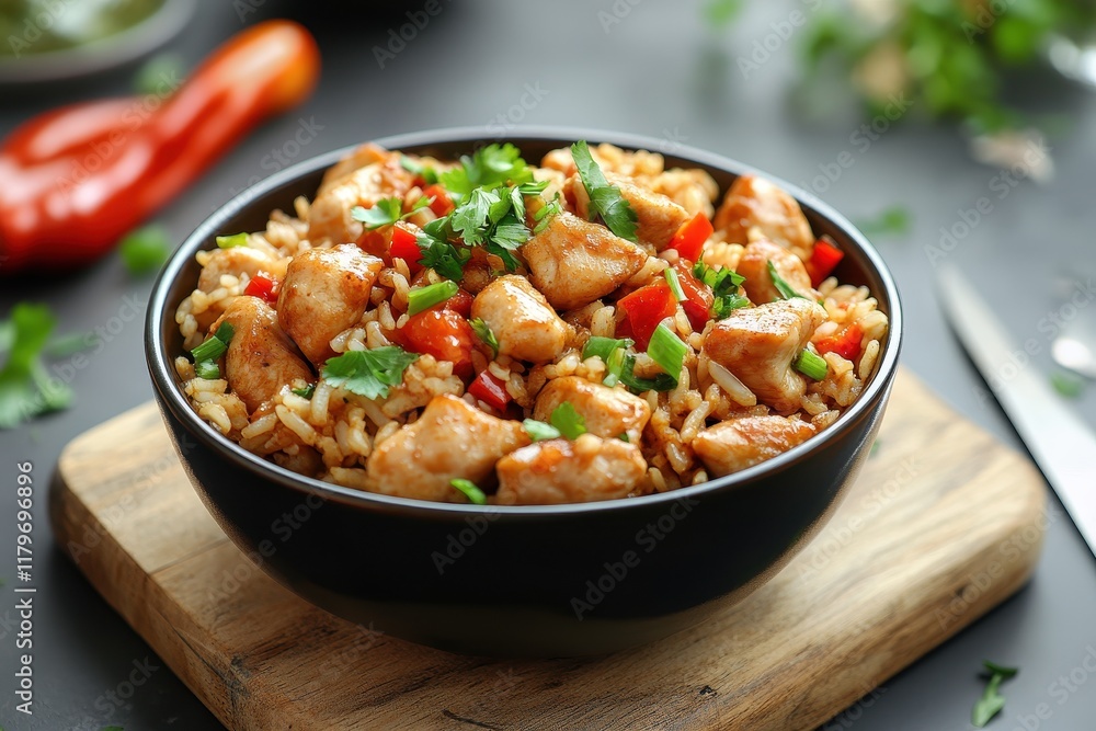 Poster Teriyaki chicken rice dish on a wooden board