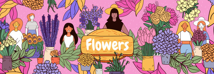 Floral arrangement with diverse women surrounded by vibrant flowers and leaves on a pink background. Colorful decorative design for banners or templates