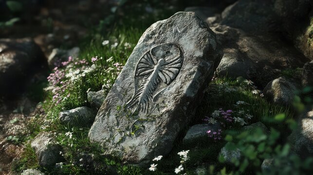 A worn stone plaque with the ichthys symbol lies half-buried surrounded by wildflowers lit by morning light